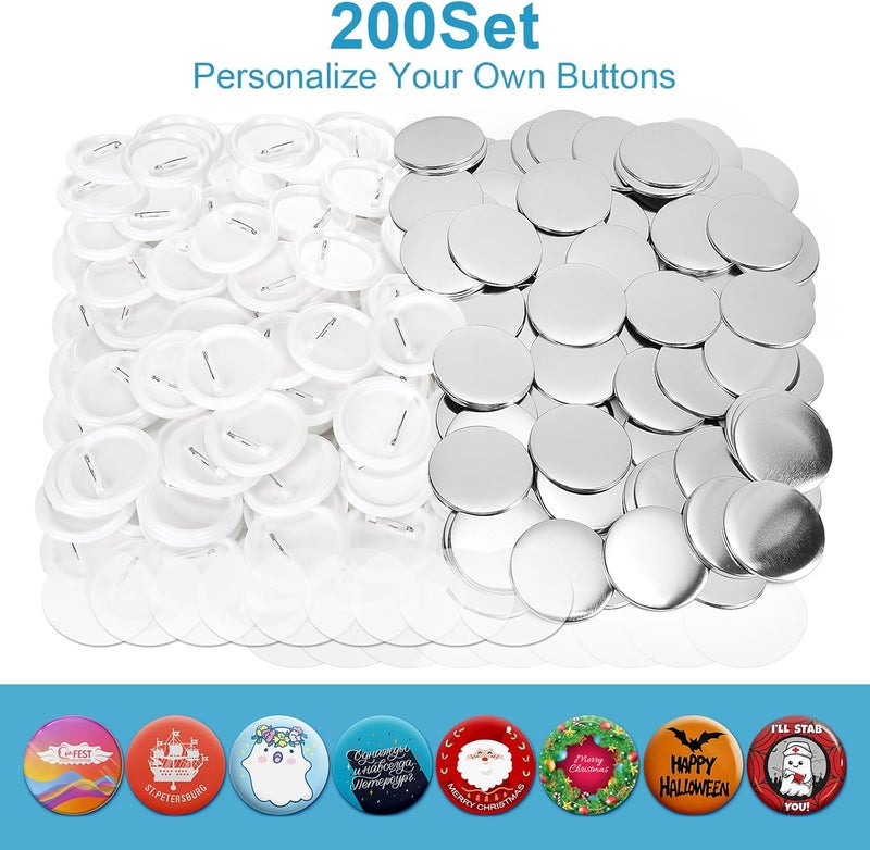 KUNTAERY 200 Sets 2.25 Inch Button Maker Supplies, 58mm Round Badge Parts with Metal Covers, Plastic Pin Backs, Clear Film & Blank Paper, Perfect for Button Maker Machine & Badge Press - Image 3
